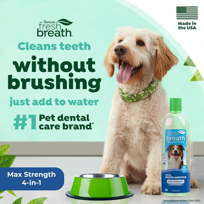 TropiClean Fresh Breath Water Additive for Dogs, Dog Breath Freshener and Teeth Cleaning Solution, No Toothpaste or Toothbrush Required, 16oz.