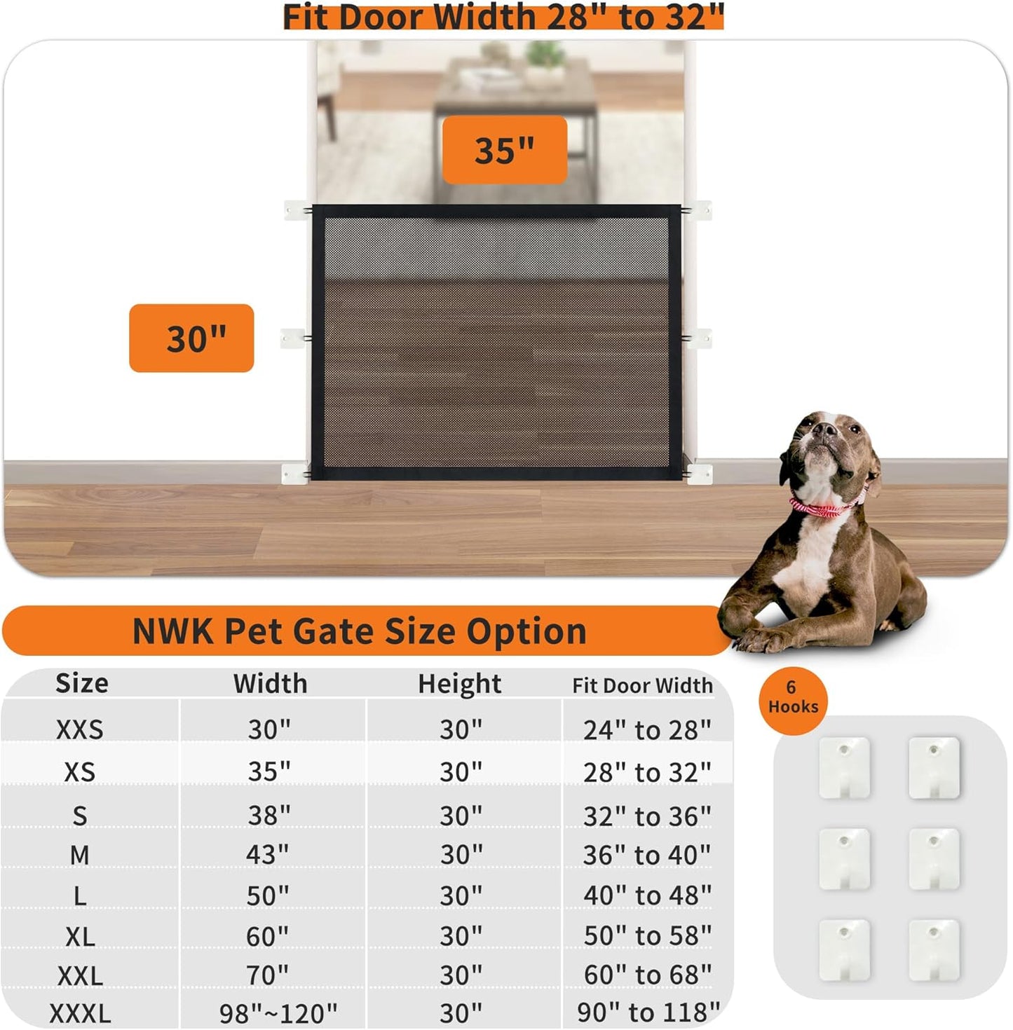 NWK Magic Dog Gate for Stairs Pet Gate for The House Providing a Safe Enclosure for Pets to Play and Rest, 6 Hooks Design (30'' X 43'')