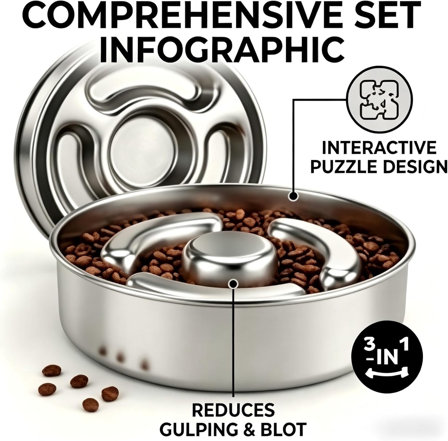 AIPERRO Slow Feeder Dog Bowl Stainless Steel, 2 Cups Metal Non-Slip Dog Food Bowls, Dogs Water Bowl for Small & Medium Sized Dogs, Fun Bloat Stop Pet Bowl for Fast Eaters, Slows Down Pets Eating