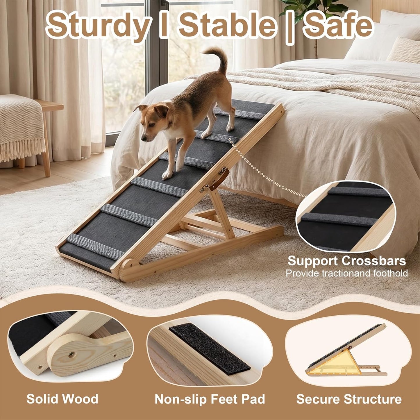 Dog Ramp for Bed, 43.5" Long Wooden Foldable Dog Ramp, 6 Adjustable Heights from 14" to 26" with Anti-Slip Traction Mat, Portable Pet Ramp for Car, Bed, Couch, Max 200lbs - 43.5inch