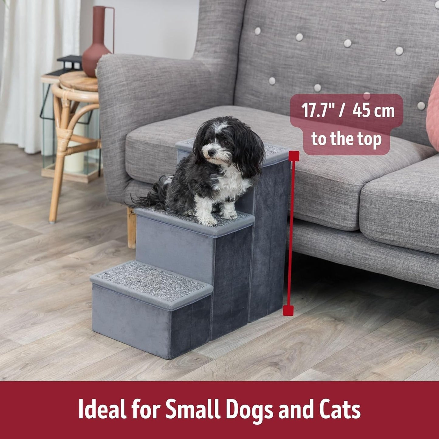 Trixie Velour Dog Stairs with Tread Steps - 4 Step Pet Stairs for Beds and Couches - Foldable with Additional Storage Space - Gray