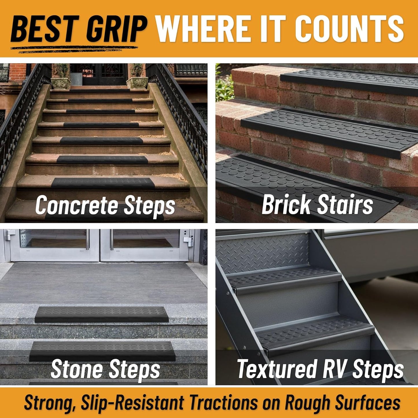 Ottomanson Outdoor Bullnose Stair Treads – Ribbed Heavy-Duty Non Slip Stair Mats – Strong Grip for Concrete, Brick & Textured Steps – Requires Fastening on Wooden & RV Steps, Pack of 5