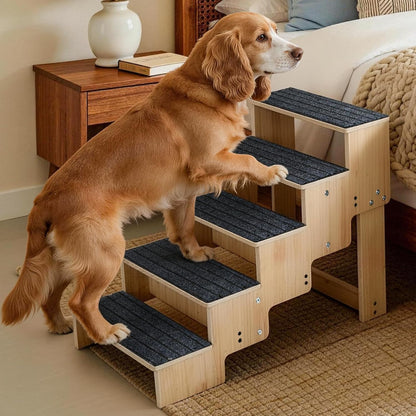 4-Step Wooden Dog Steps for Bed, Anti-Slip Dog Stairs with Carpet Pads, 23.6 Inches Pet Ramp for Dogs to Get on Bed, Pet Stairs for Old & Senior Dogs/Cats, Pet Steps Ladder for High Beds/Couch Sofa