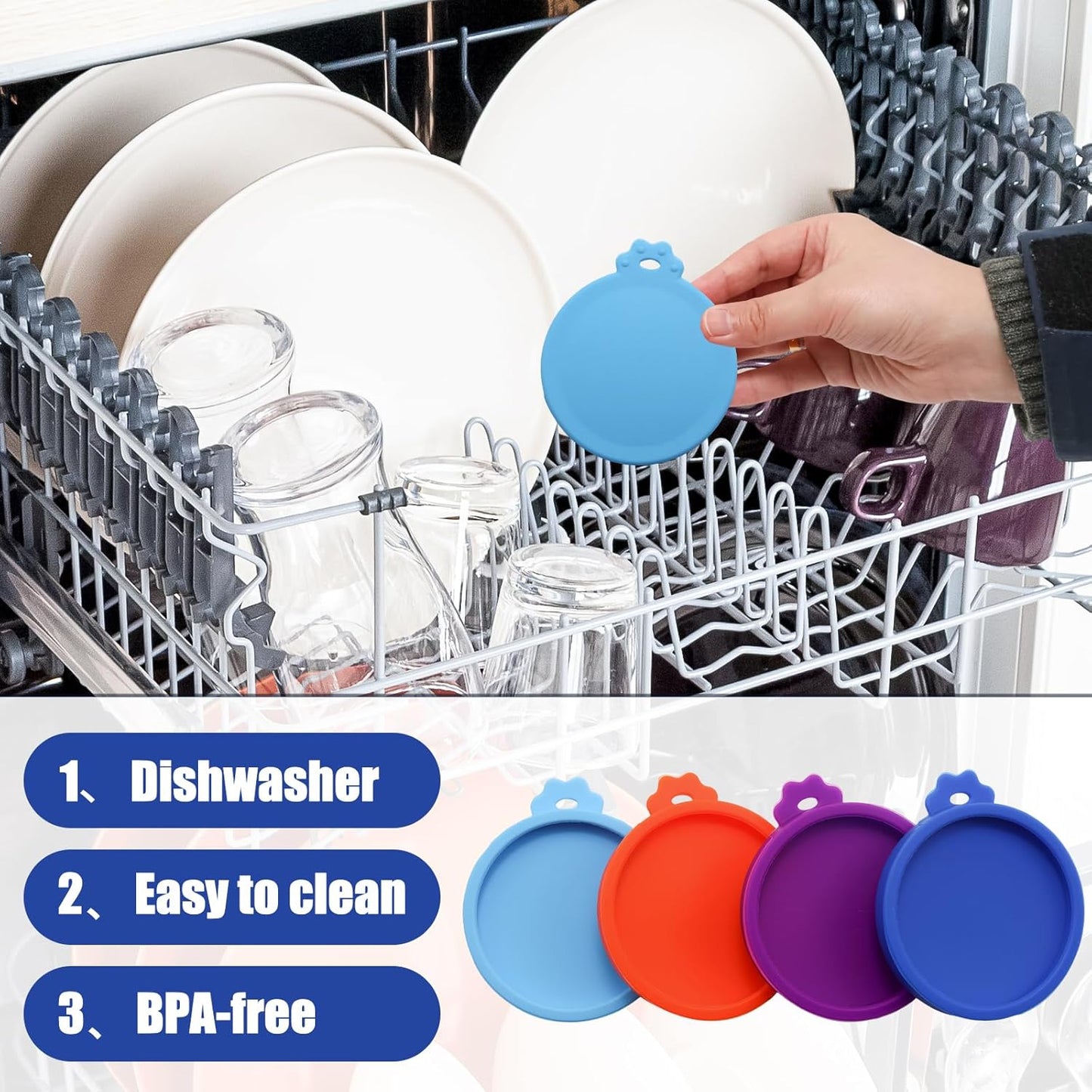 PINE & LINEN 4 Pcs 2.5inch Durable Pet Can Lids, Silicone Small Pet Can Covers Waterproof Cat Food Cans Lids for 3 oz Cat Food Cans（Yellow+Red+Pink+Blue）