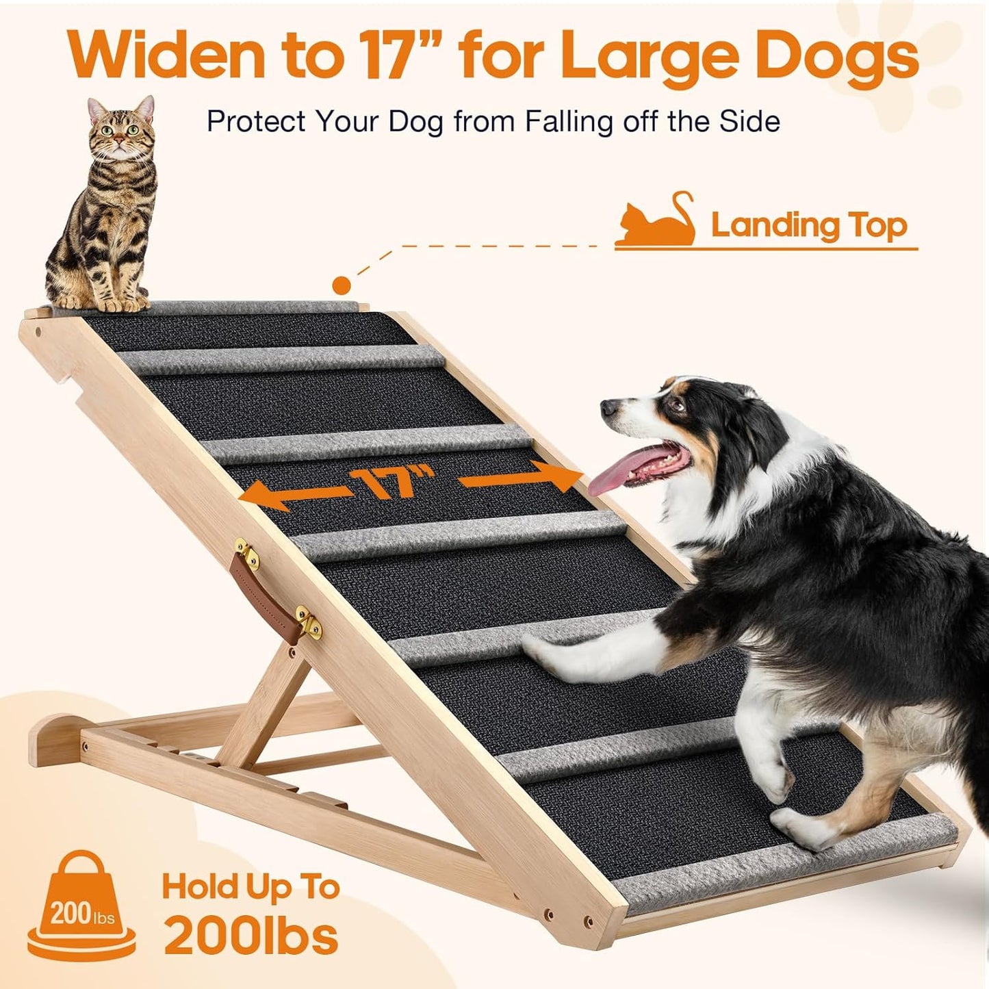 Dog Ramp for Bed - Extra Wide 17’’, Non-Slip Rubber Surface Excellent Traction, Pet Ramp for Small Large Dogs to Get on High Couch Car, Hold up to 200lb, Adjustable, Foldable
