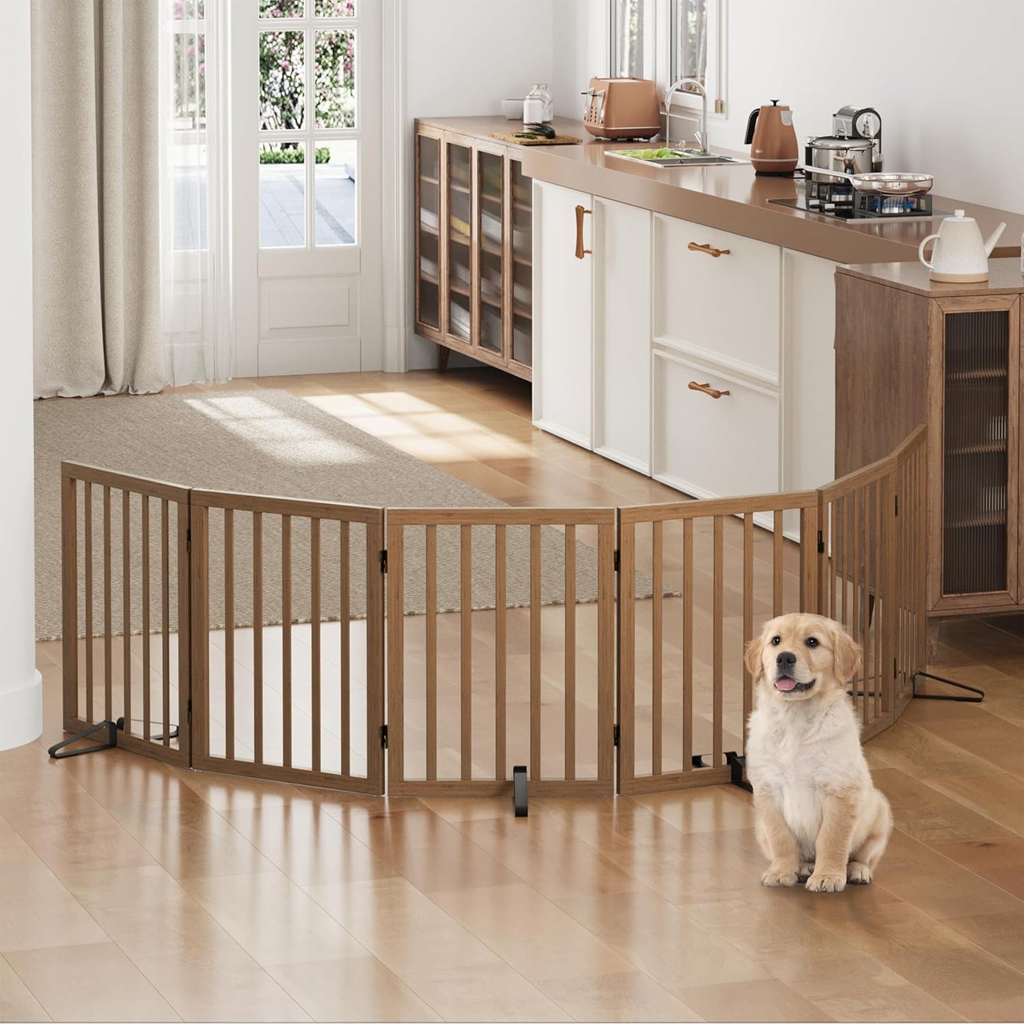 Freestanding Foldable Dog Gate - 4 Panel Room Divider with Metal Support Feet (Black)
