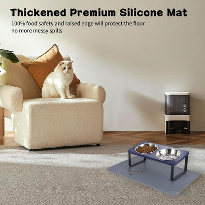 Upgraded Elevated Cat Bowls with Food Mat,15°Tilted Stand Anti Vomiting Raised Cat Dishes for Food and Water,2 Stainless Steel Bowls for Cats and Puppy
