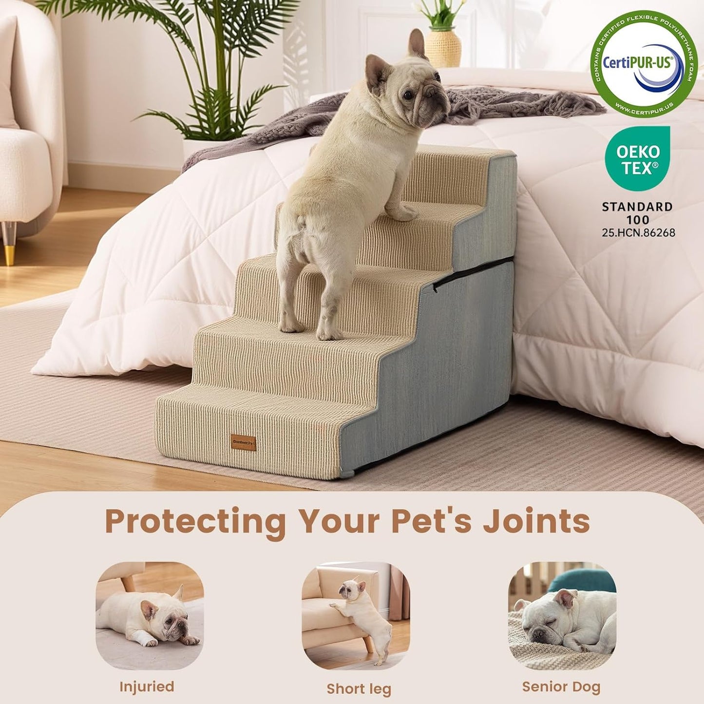 Gardner Pet Dog Stairs for Small Dogs 18.5" H, 4-Step Extra Wide Dog Steps for Bed, Pet Stairs for Bed and Couch with Durable Non-Slip Waterproof Fabric Cover and Soft Foam, Navy