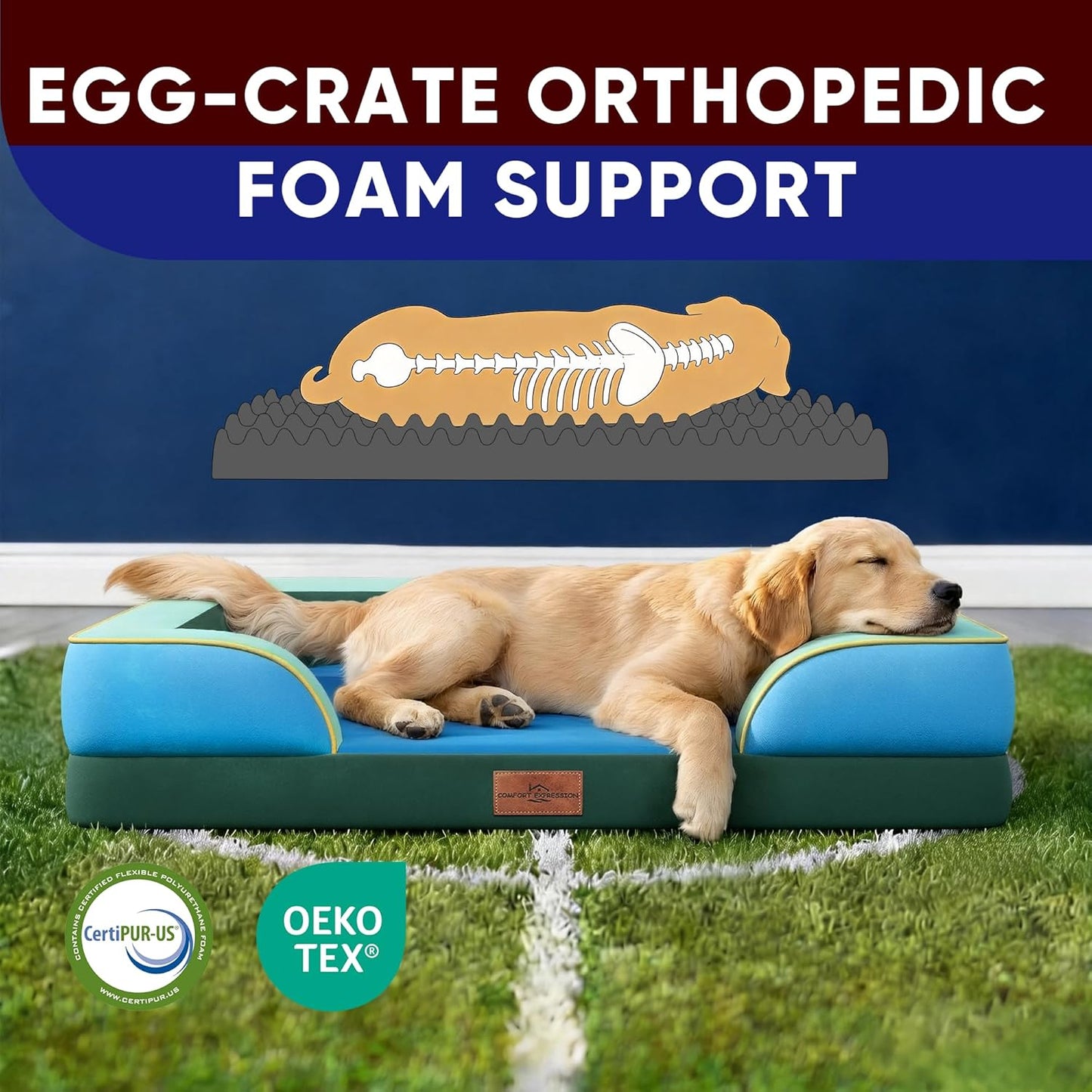 Comfort Expression Orthopedic Dog Bed for Extra Large Dogs 42x30 Inch, Waterproof Egg Crate Foam XL Pet Bed with Removable Bolsters, Dog Couch with Washable Cover & Non-Slip Bottom, Grey - Colors B