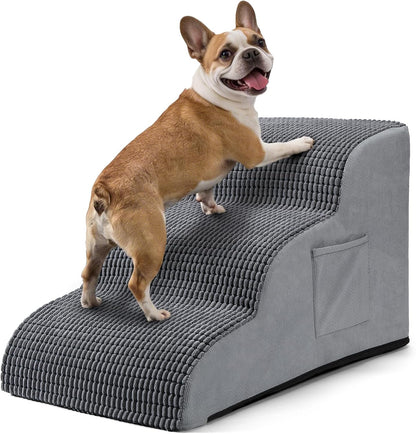 Dog Stairs for Small Dogs, 15.7" High 3 Step Foam Ramp for Bed & Couch, Pet Steps for Senior Pets, Non Slip Base, Washable Cover, Joint Support Design, Grey, Suitable for Cats