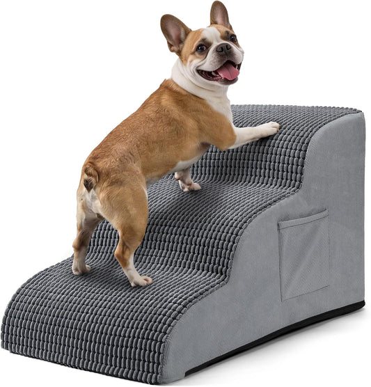 Dog Stairs for Small Dogs, 15.7" High 3 Step Foam Ramp for Bed & Couch, Pet Steps for Senior Pets, Non Slip Base, Washable Cover, Joint Support Design, Grey, Suitable for Cats