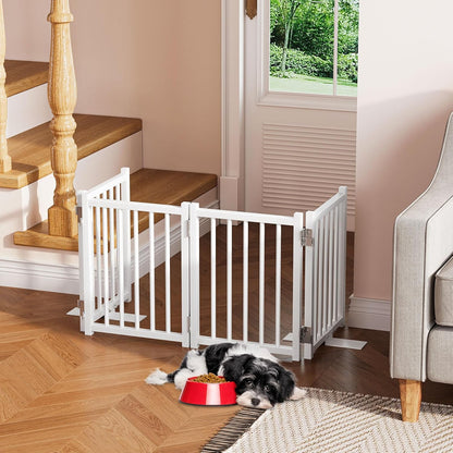 Snughome Short Dog Gate Indoor, 16" High Freestanding Small Dog Door Gates with Support Feet, Expands Up to 48’’ Wide Foldable Pet Gate for Doorway, 4 Panel Folding Pet Door Pet Fence for Puppy, White
