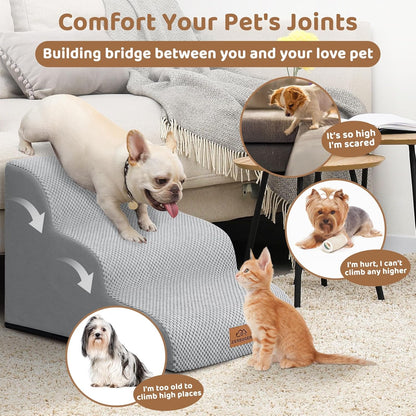 Zerbuger Dog Ramp and Stair for Bed 16" H-20 H,3-Step Cat Stair for Sofa and Chair,4-Step Dog Ramp for High Bed and Window,Durable Nonslip Fabric Cover for Indoor (Coffee-16 H, Pet Friendly, 3)