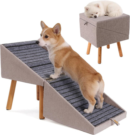 17.13" H Dog Stairs for Small Dogs, 2-in-1 Pet Steps & Ottoman - Foldable Dog Stairs for Couch, Non-Slip Wooden Pet Stairs for Puppy Senior Injured Dogs