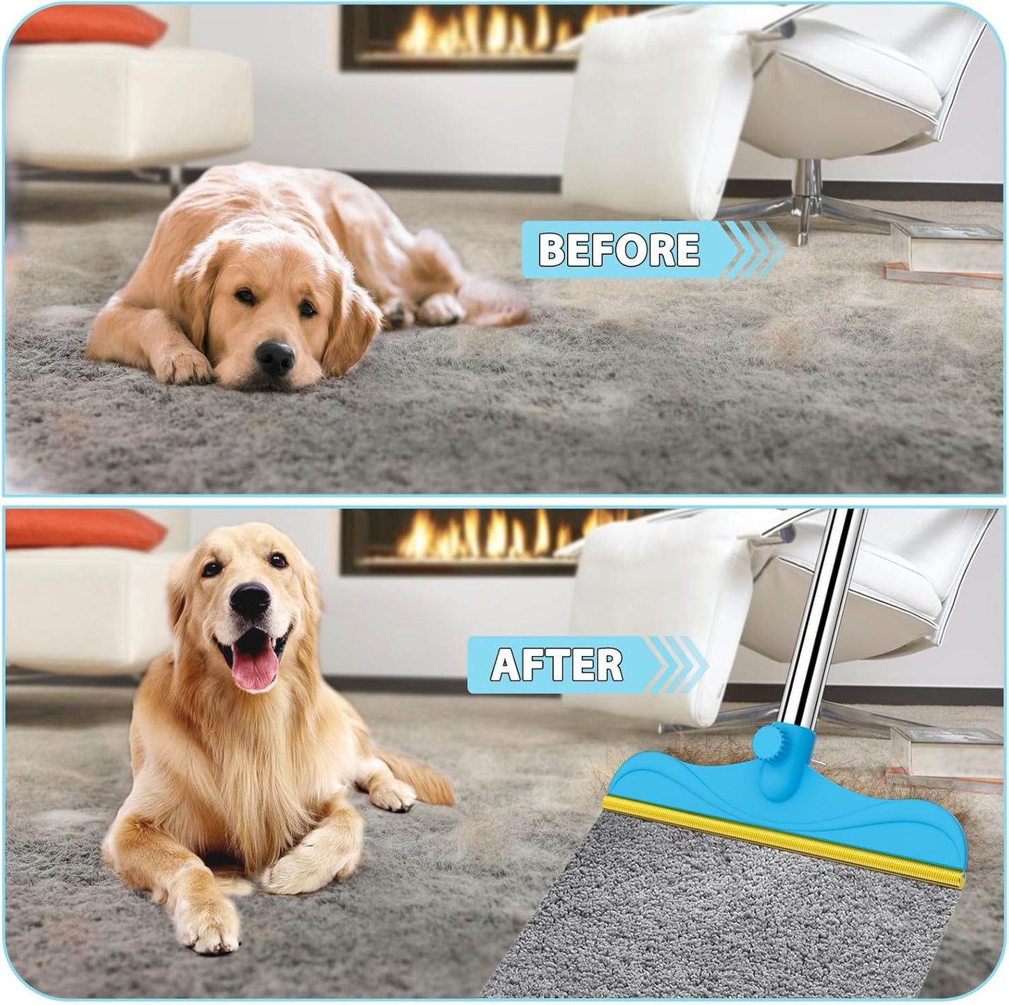 3 in 1 Carpet Rake for Pet Hair Removal, 60” Adjustable Long Handle Pet Hair Remover, Tool Set of 3, Reusable Carpet Scraper Dog Cat Pet Hair Removal Broom for Carpets, Car Mat, Pet Bed, Rugs