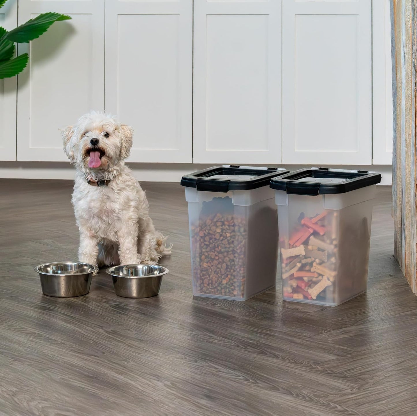 IRIS USA Dog Food Storage Container, 2 Pack, Up to 30 lbs Each, Airtight Seal for Freshness, Wheels for Rolling, Easy One Hand Opening, Made in USA, BPA Free, Clear/Black