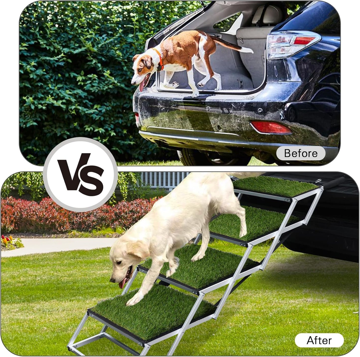 DGSL Dog Ramp for Car, 4-Step Folding Dog Stairs, Aluminum, Black, Supports Up to 250 Lbs