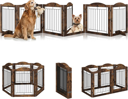 Vantas Espresso Wooden Folding Dog Gate 144" Wide x 30" Tall with Door, Freestanding Pet Gate, Pet Puppy Safety Fence