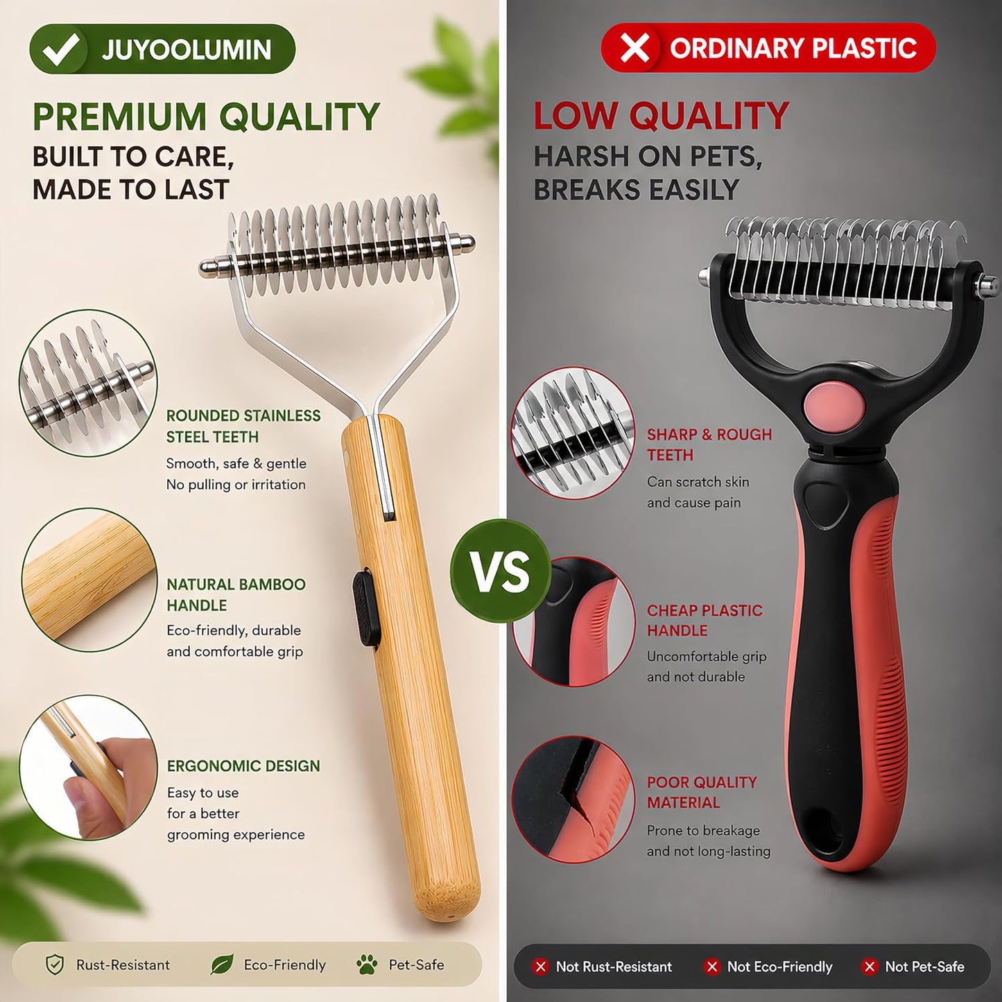 Bamboo Pet Grooming Kit for Medium to Long Haired Cats & Dogs, 4-in-1 Dematting Comb Set with Undercoat Rake, Detangling & Deshedding Tools, Fine/Wide Tooth Combs for Indoor Pets