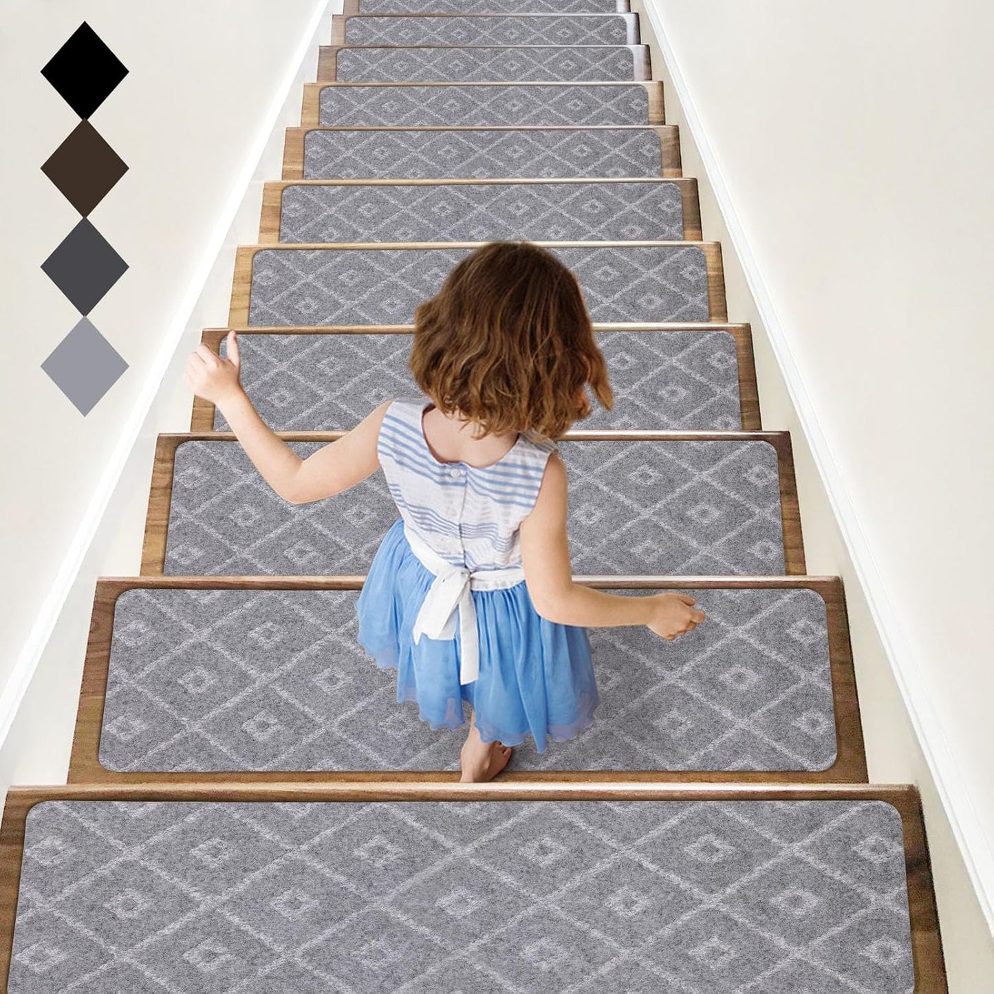RIOLAND Stair Treads Carpet Non-Slip Indoor 15 PCS Wood Stair Treads Rugs Anti Moving Modern Stair Runners Safety for Kids Dogs, 8" X 30", Diamond Gray