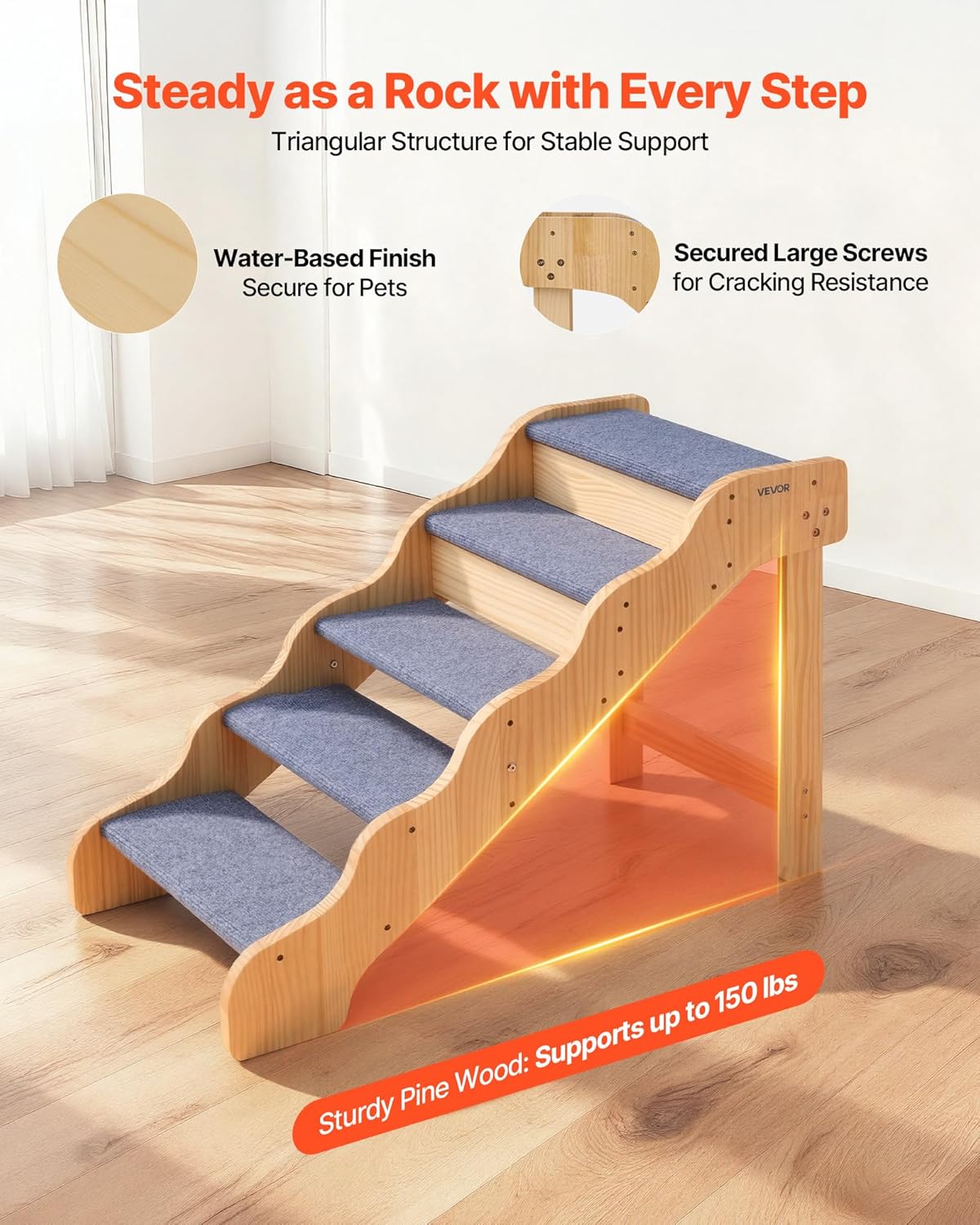 VEVOR Wood Pet Stairs, 2-Step Dog Stairs for Beds, Sofa & Cars, 110lbs Load Capacity, Floded Flat Design, Stable & Sturdy Cat & Dog Step Ladder for Small Medium Large Older Pet Puppy Essentials