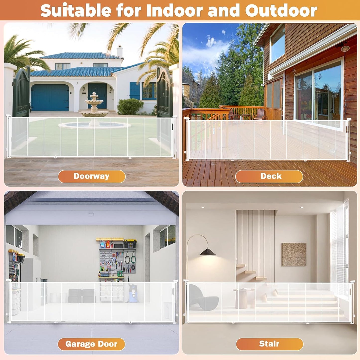 275" Retractable Baby Gates Dog Gate Extra Wide, 52" Tall Child Pet Safety Gate with Reinforced Strips for Stairs, Long Mesh Garage Gates Fence for Outdoor Indoor Large Openings Driveway Decks Patio