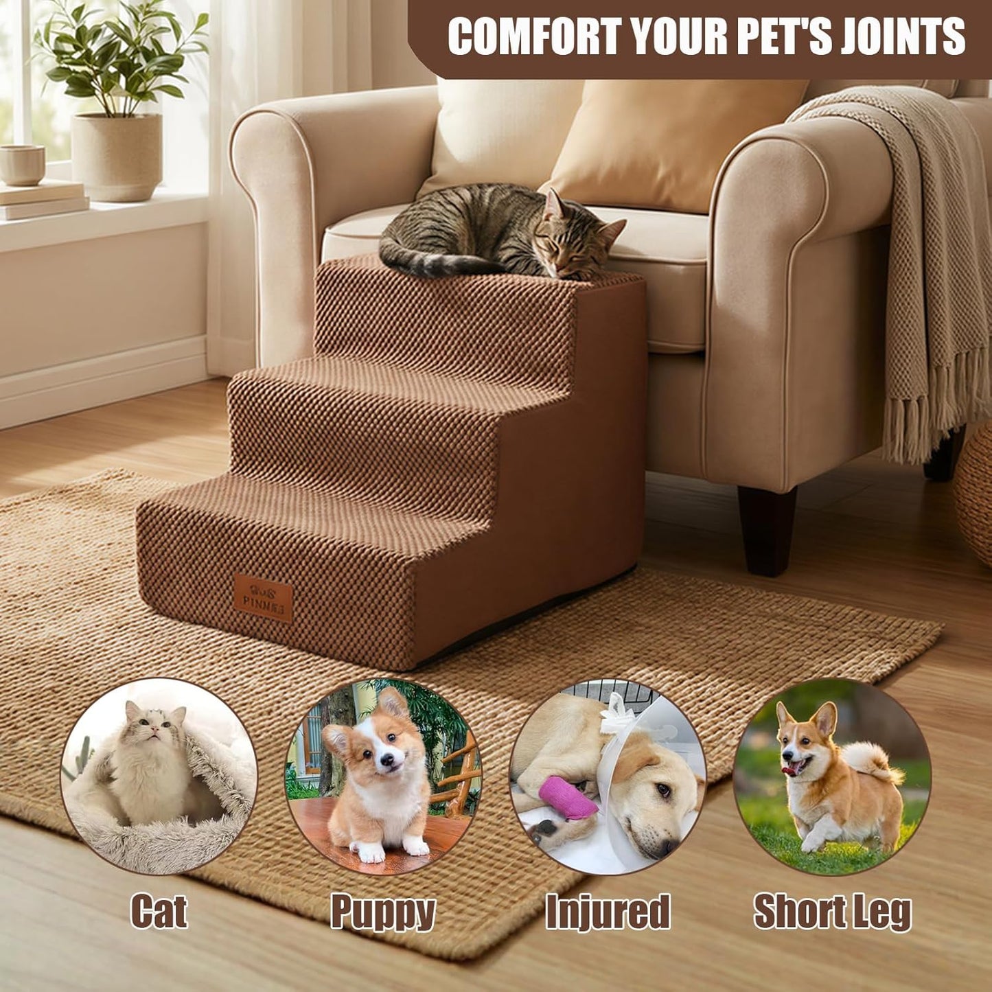2 Pack Dog Stairs for Small Dogs 3-Step Pet Stairs for Bed Couch Chair Stool Non-Slip Pet Steps for Puppy Small Dogs Cat Older Pet Grey 13.6" H