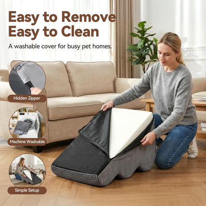 Dog Stairs for Small Dogs, 15.7" High 3 Step Foam Ramp for Bed & Couch, Pet Steps for Senior Pets, Non Slip Base, Washable Cover, Joint Support Design, Grey, Suitable for Cats
