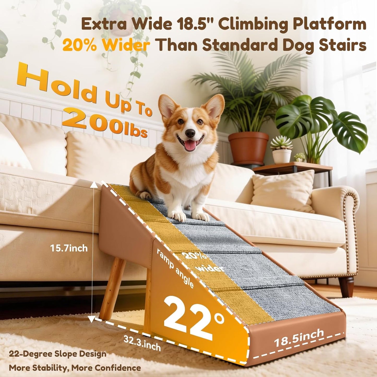 Dog Ramp for Small Dogs, 15.7" H 3-in-1 18.5" Extra Wide Foldable Ottoman & Hidden Storage Design Dog Stairs for Couch Sofa, Non-Slip Pet Steps for Puppy Senior Injured Dogs (White)