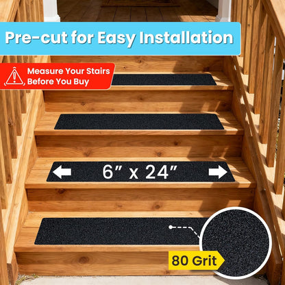 LifeGrip Outdoor Stair Treads Non-Slip 12 Pack, 6"x32" Waterproof Grip Tape for Wooden Steps, Deck, Porch - 80-Grit Adhesive Strips for Dogs, Kids & Elderly Safety