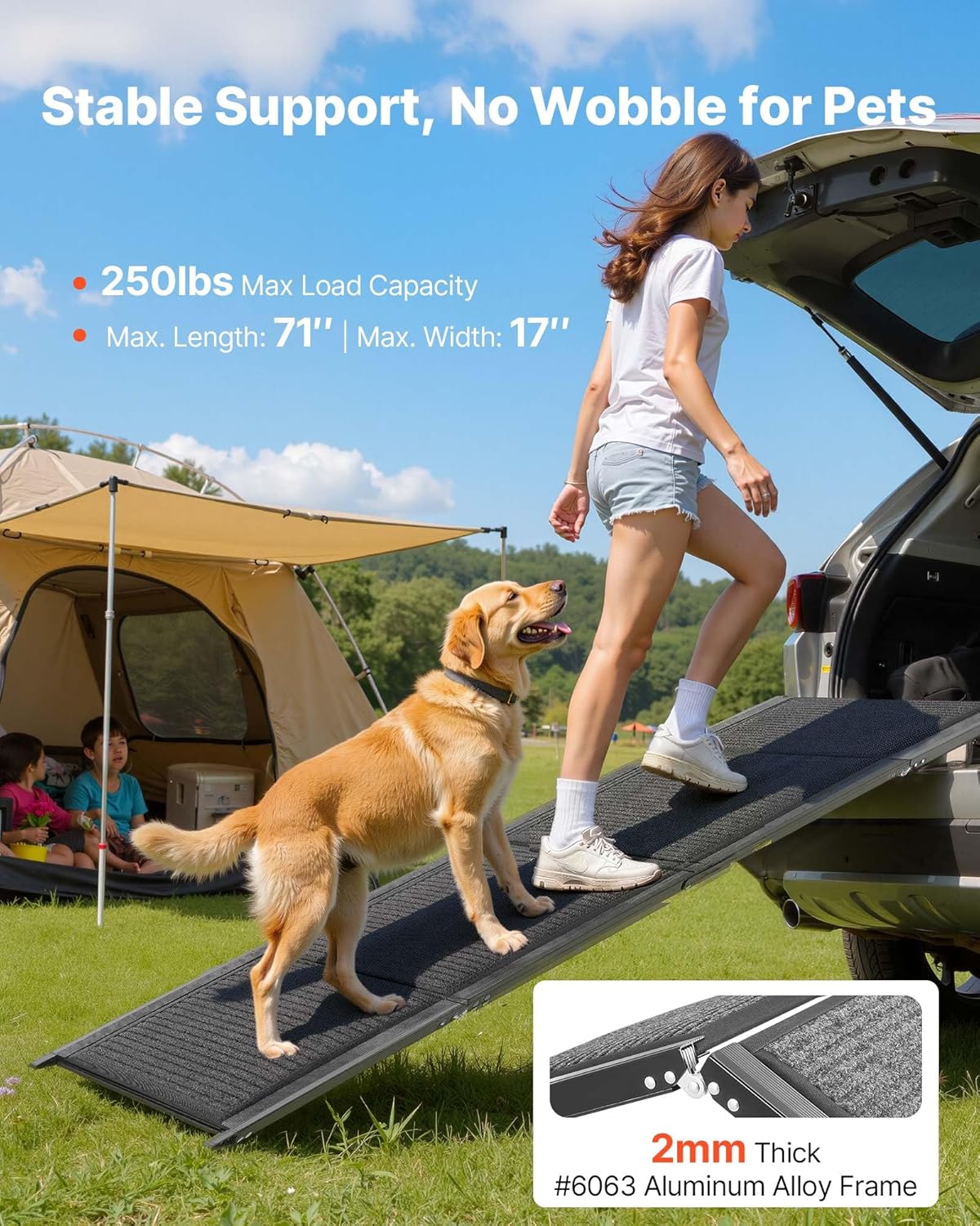 VEVOR Dog Ramp for Cars, 63" L x 17" W, Folding Pet Ramps for Medium & Large Dogs up to 250lbs, Pet Stair Ramp with Non-Slip Felt Rug Surface, Portable Outdoor Dog Car Ramps for SUV & Truck