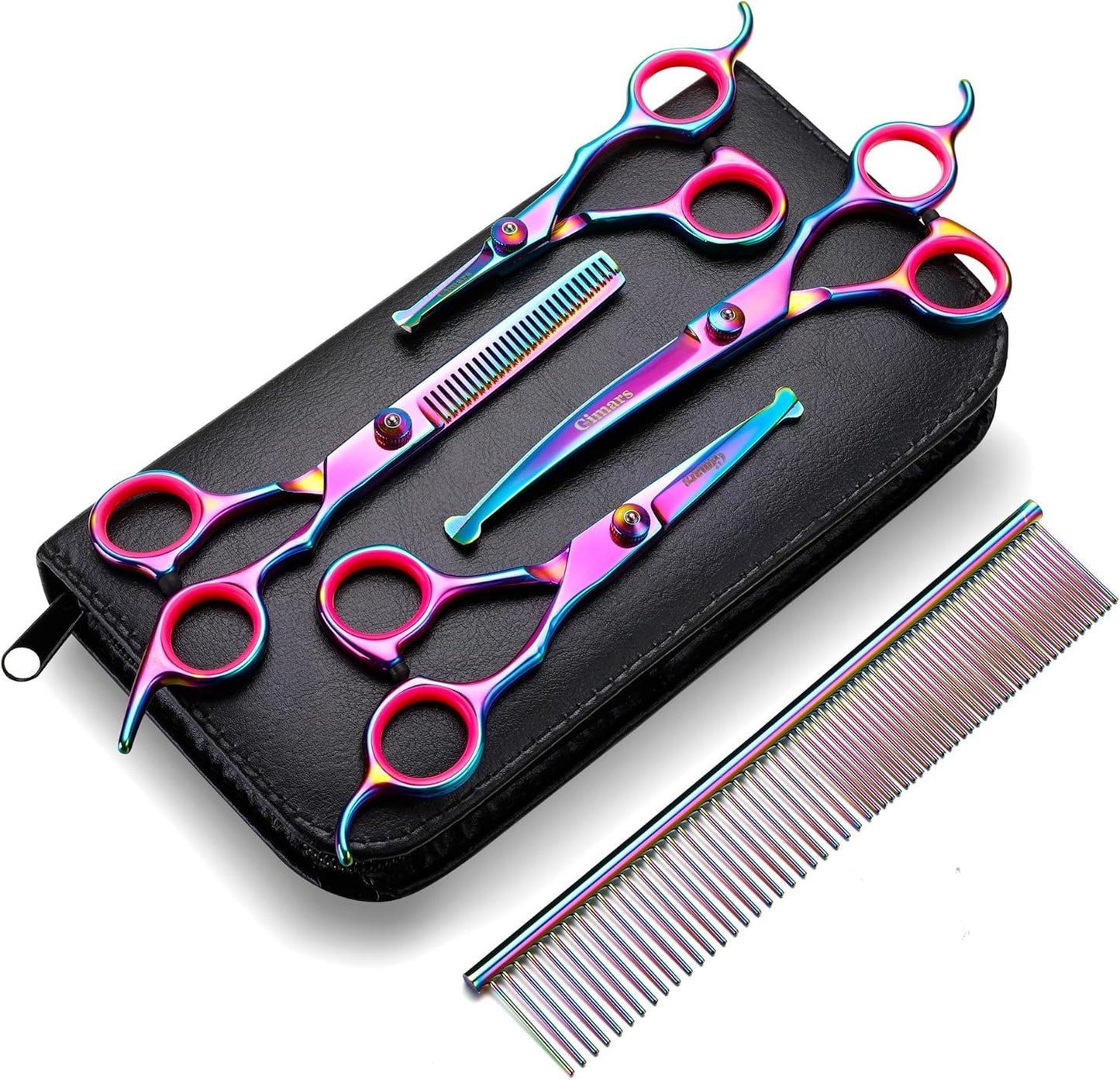 Gimars Titanium Coated Professional 6 in 1 4CR Stainless Steel Dog Grooming Scissors with Safety Round Tip, Heavy Duty Pet Grooming Scissor for Dogs, Cats and Other Animals