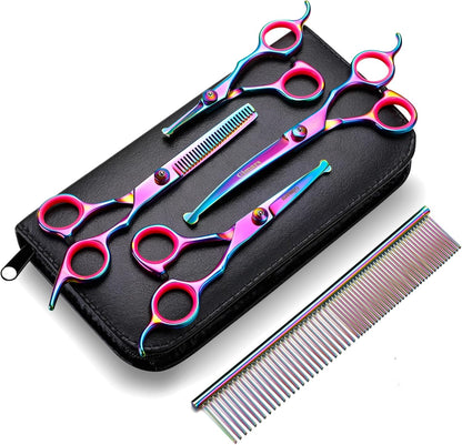 Gimars Titanium Coated Professional 6 in 1 4CR Stainless Steel Dog Grooming Scissors with Safety Round Tip, Heavy Duty Pet Grooming Scissor for Dogs, Cats and Other Animals