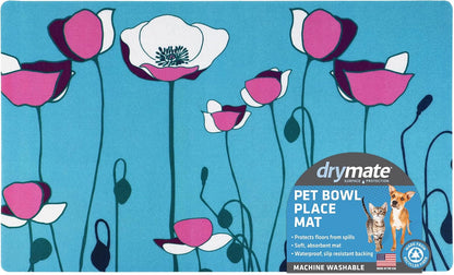Drymate Pet Bowl Placemat, Dog & Cat Food Feeding Mat - Absorbent Fabric, Waterproof Backing, Slip-Resistant - Machine Washable/Durable (USA Made) (12” x 20”) (Indigo)