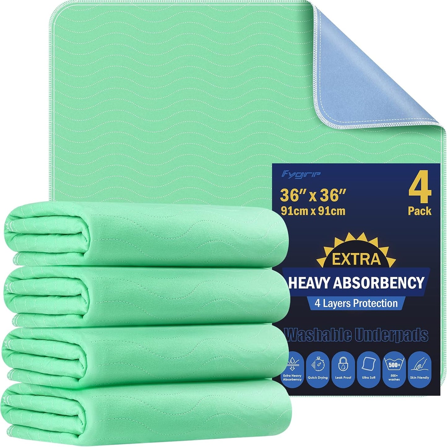 4 Pack 24” x 24” Extra Heavy Absorbency Washable Underpads, Waterproof Nursing Pads Incontinence Bed Pads, Reusable Washable Pee Pads for Dogs, Diaper Changing & Adults, Washable Puppy Pads