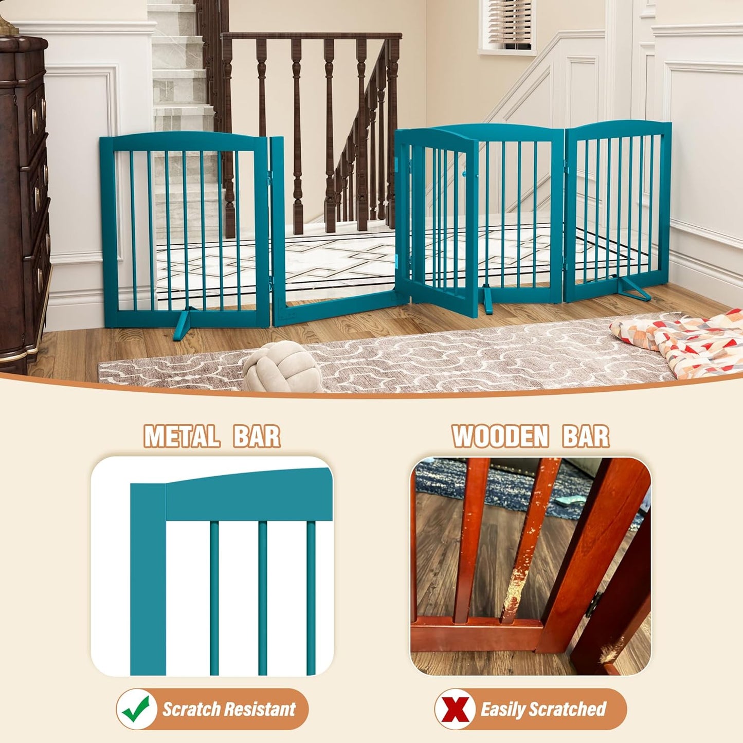 PUPETPO Freestanding Dog Gate with Door, Pet Gate for Stairs, 80 inch Wide Pet Barrier Indoor, Dog Fences Indoor, Support Feet Included, 4 Panels, 24" Tall, Dark Brown