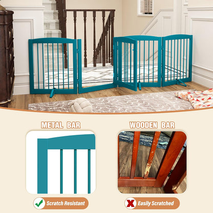 PUPETPO Freestanding Dog Gate with Door, Pet Gate for Stairs, 80 inch Wide Pet Barrier Indoor, Dog Fences Indoor, Support Feet Included, 4 Panels, 24" Tall, Dark Brown