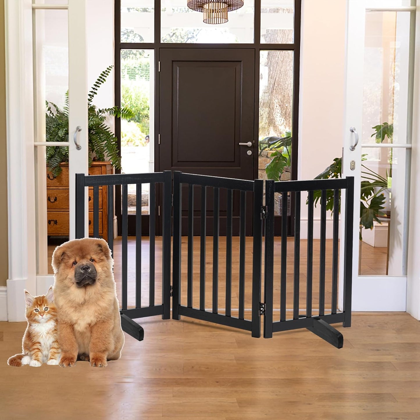 LZRS 2-Panel Wooden Free Standing Foldable Dog Gate Indoor – Solid Hardwood 24" High, Step-Over Safety Pet Gate for Doorways, Stairs & Small Spaces - Indoor Use, White