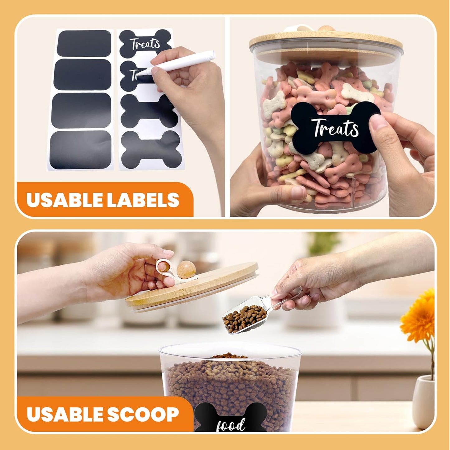 HOYTAMDAR 3 Pack Airtight Dog Food Storage Container, Dog Treat Container Dog Food Container with Wood Lids 8x7''&6x5'',Pet Food Storage Container,Cat Food Containers with Scoops,Clamp,Labels,Pens