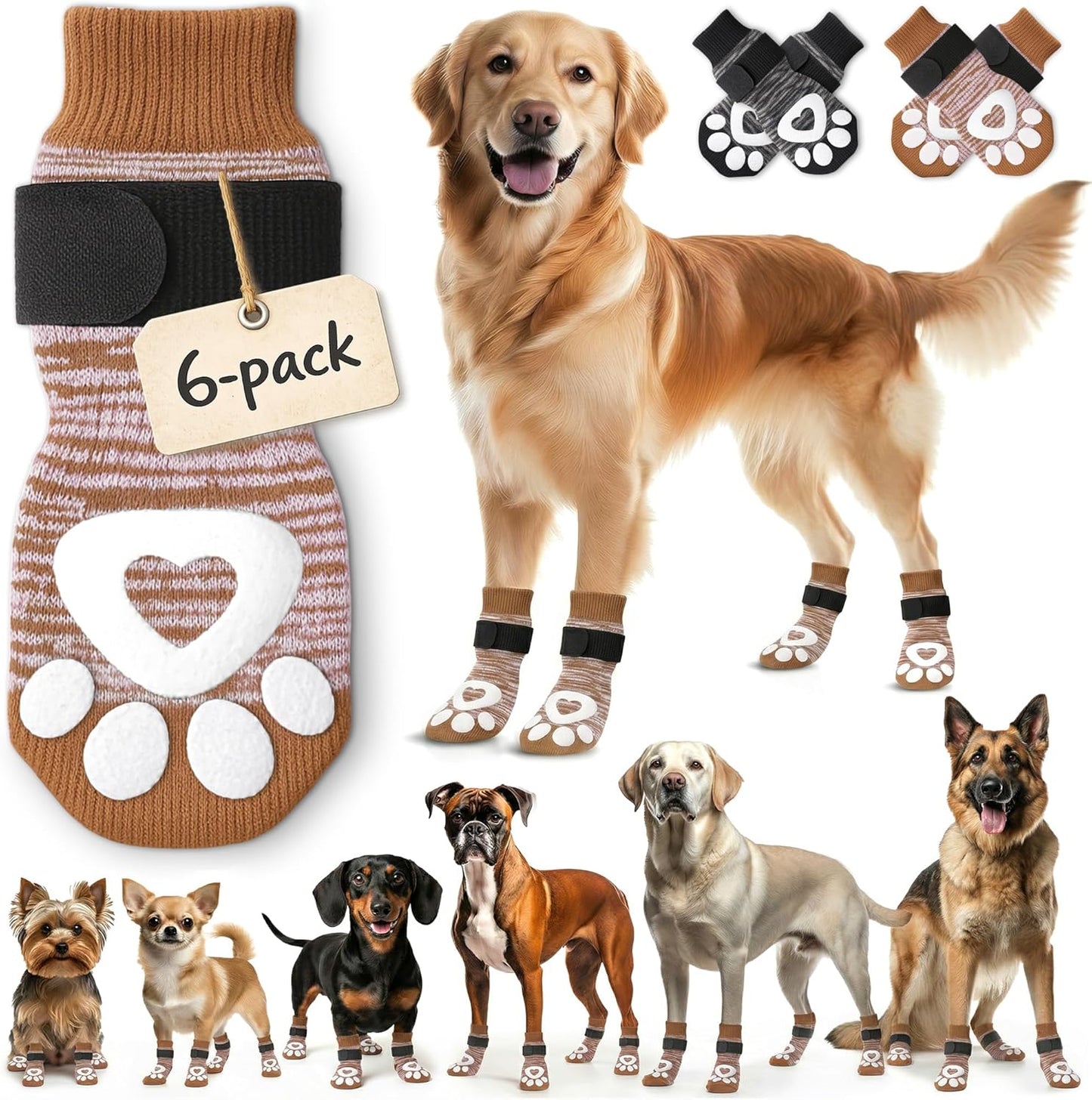 Anti Slip Dog Socks - 6 Pack | Dog Socks to Prevent Paw Licking, Add Traction, Keep Warm & Protect from Hot Pavement | Paw Protection for Senior Dogs for Hardwood Floors | Dog Booties - XL