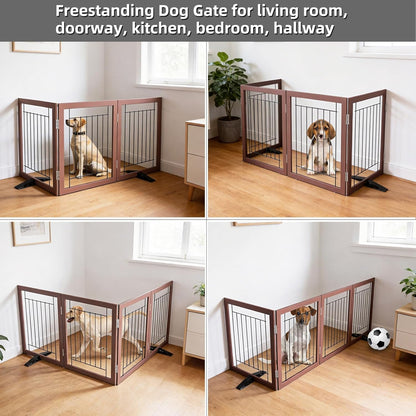 ZJSF Freestanding Dog Gate Indoor, Foldable Dog Fence for Doorways,Hallways or Stairs, Sturdy Wood Extra Wide Pet Gate with Support Feet,Black,24 "Height-3 Panels
