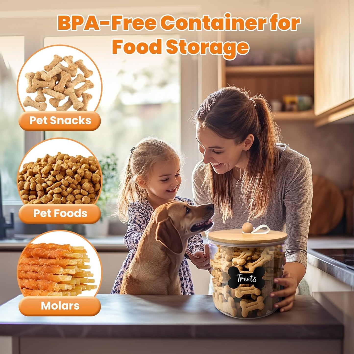 HOYTAMDAR 3 Pack Airtight Dog Food Storage Container, Dog Treat Container Dog Food Container with Wood Lids 8x7''&6x5'',Pet Food Storage Container,Cat Food Containers with Scoops,Clamp,Labels,Pens