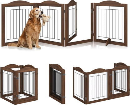 Vantas Espresso Wooden Folding Dog Gate 144" Wide x 30" Tall with Door, Freestanding Pet Gate, Pet Puppy Safety Fence