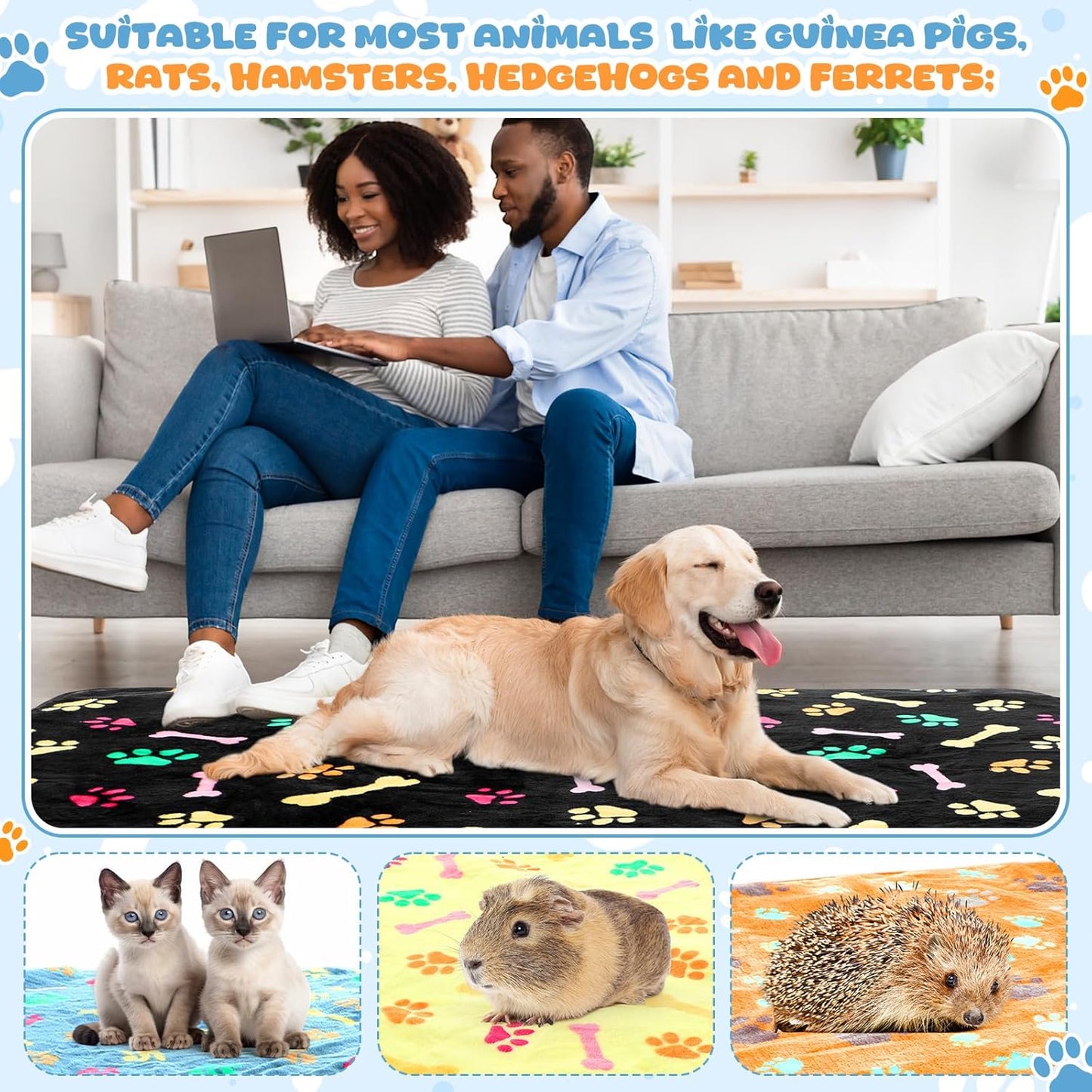 Tegeme 6 Pcs Waterproof Dog Blanket 24 x 16 Inch Paw Print Pet Blanket for Dogs Cats Puppy Washable Soft Fluffy Fleece Rug Flannel Throw Warm Sleep Mat for Kitten Doggy