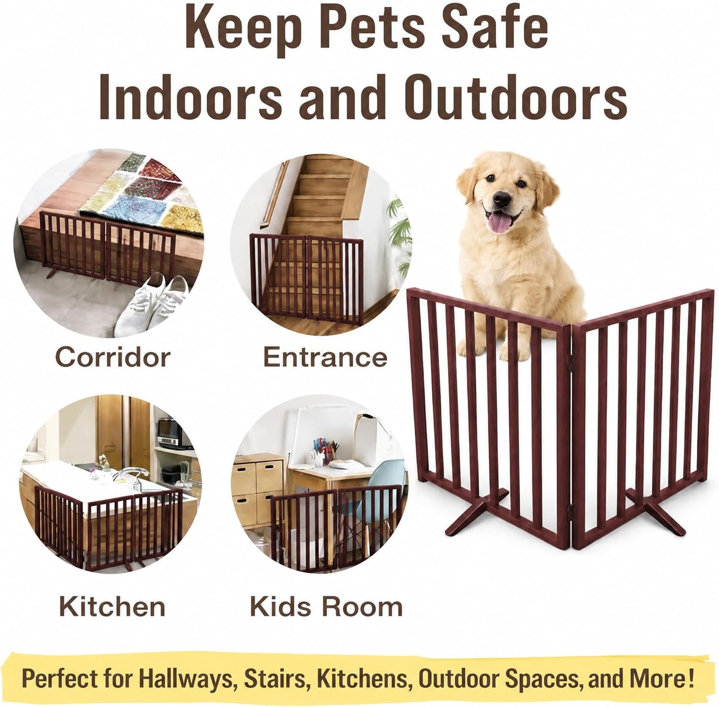 Japard Dog Gate 2 Panels - Foldable Indoor Fence Freestanding with Support Feet, 24 in Tall 35.4" Wide, Small Pets, Cats, Rabbits, Puppy, Lightweight 4 lbs (Wood Brown, Mahogany)