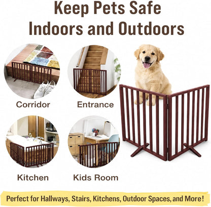 Japard Dog Gate 2 Panels - Foldable Indoor Fence Freestanding with Support Feet, 24 in Tall 35.4" Wide, Small Pets, Cats, Rabbits, Puppy, Lightweight 4 lbs (Wood Brown, Mahogany)