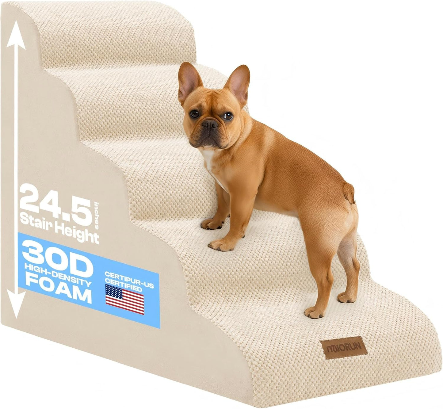 Dog Stairs for High Beds Up to 30", Extra-Tall 5-Step Dog Steps for Bed, 24.5" Tall Foam Pet Stairs for Small & Medium Dogs, Gentle Slope Cat Ramp for Bed with Washable Cover