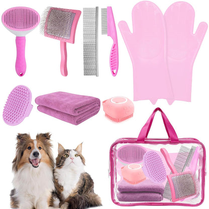 8PCS Dog Slicker Brush for Dogs Grooming Kit,Bath Grooming Kit for Pets,Hair Brush Set with Towel,Washing Gloves,Slicker Comb,and Shampoo Scrubber Brush for Small and Large Dogs and Cats(Blue)