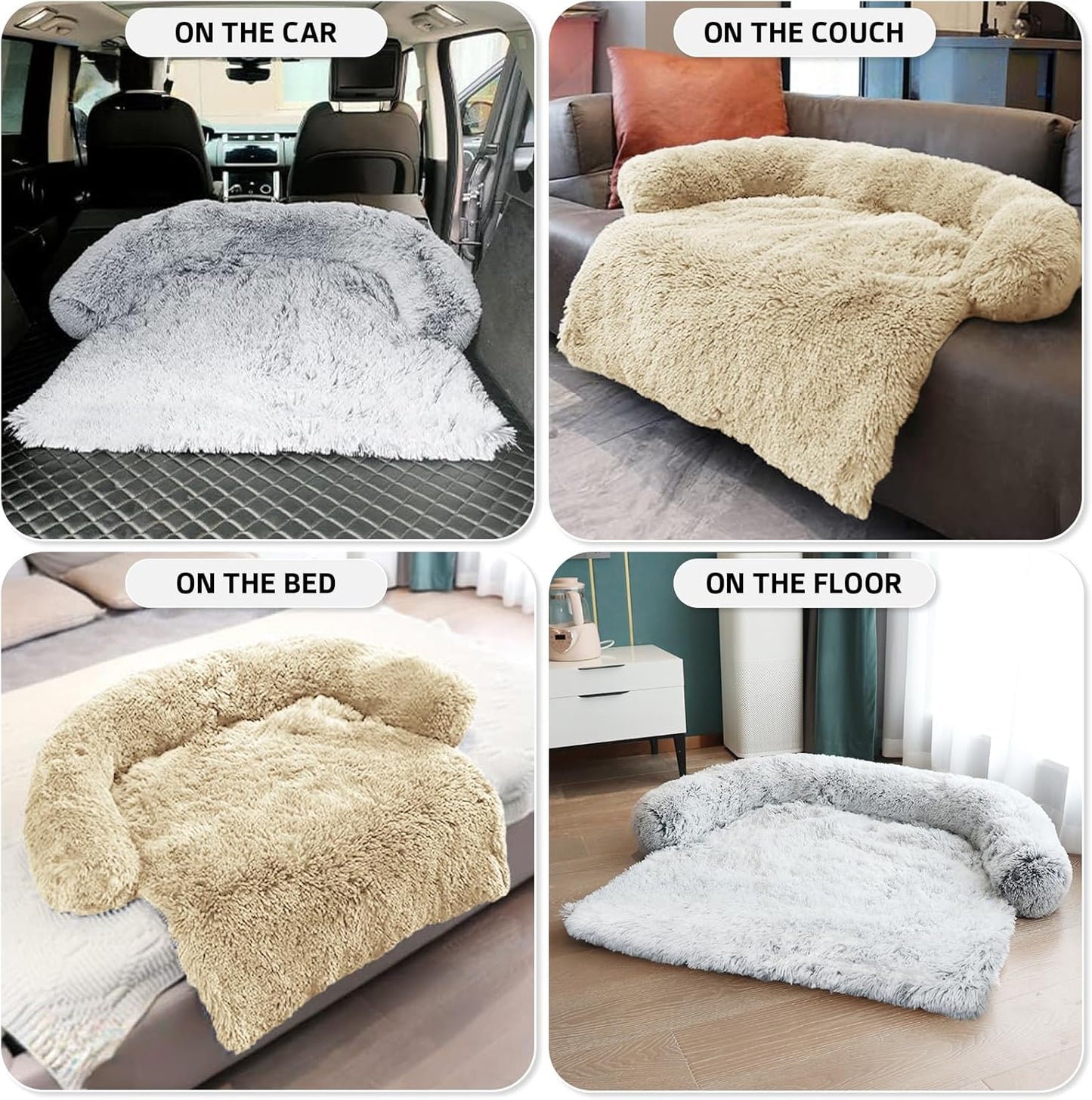 Calming Dog Bed Fluffy Plush Dog Mat for Furniture Protector with Removable Washable Cover for Large Medium Small Dogs and Cats (Large, Light Grey)