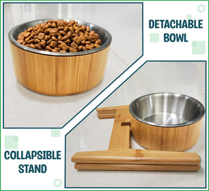 Elevated Slow Feeder Dog Bowls Large Breed - (12-inch-high) - Raised Bowl with Anti-Choking Insert - Stainless Metal and Bamboo